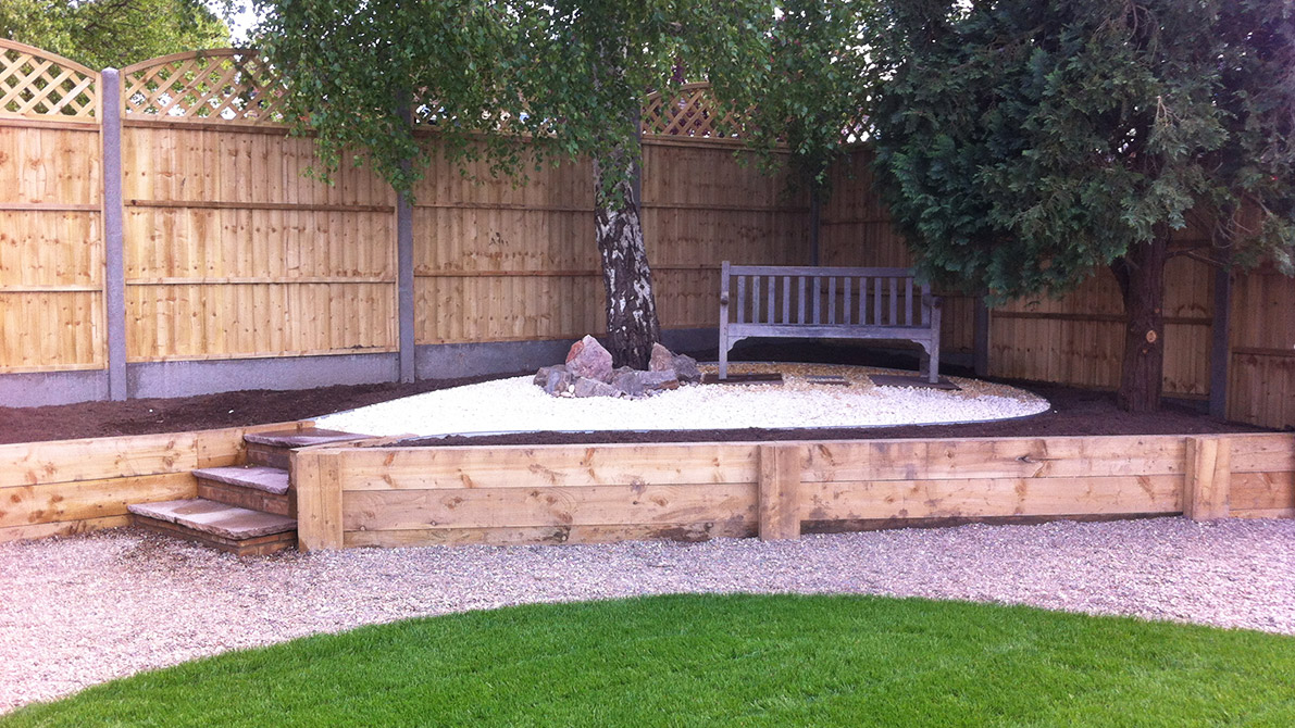 full view of garden from bottom level - steps, shed, lawn